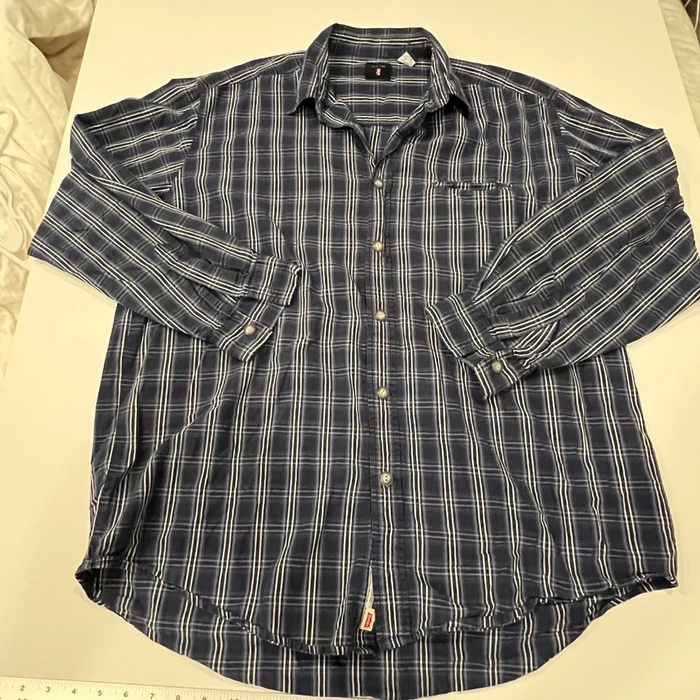 Levis Jeanswear Mens XL Navy Blue Plaid Cotton Long Sleeve Button Down Shirt